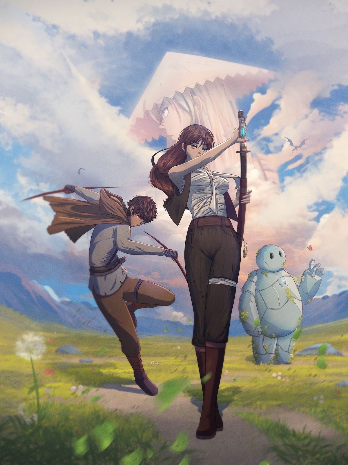Shibui Universe anime cover: three heroes and a stone companion in a sunlit valley